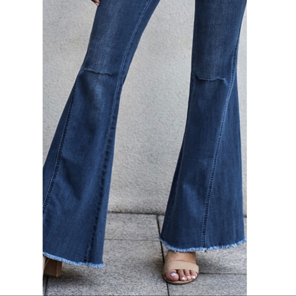 Sky Blue Distressed Bell Bottom Denim Pants - Picture 3 of 5